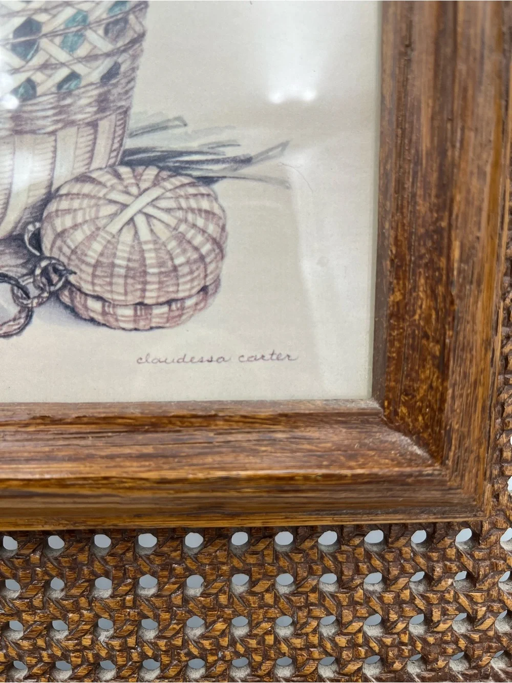 Vtg HOMCO CLAUDESSA CARTER PRINTS BUTTERFLY & FLOWERS FRAMED Wicker Wood Look